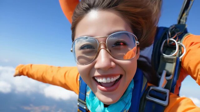Thrilling skydive adventure with joyful woman soaring through the clouds