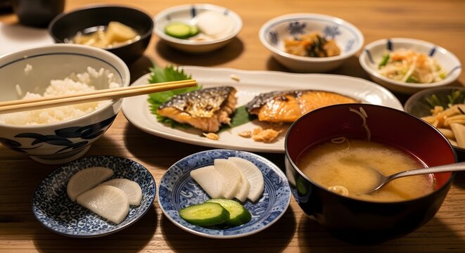 Traditional Japanese Dinner with Grilled Fish Rice Miso Soup and Pickles.