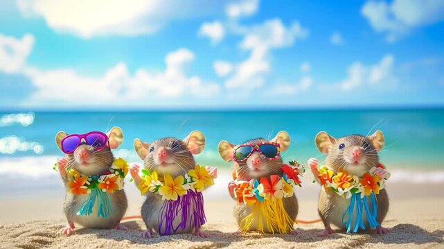 Dancing mice wearing sunglasses and flower leis on a tropical beach, enjoying a travel getaway with exotic ocean waves, a paradise holiday atmosphere, and festive events.