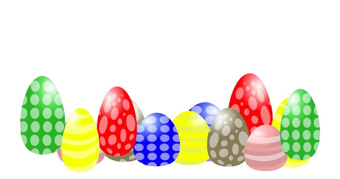 Colorful and playful animated Easter eggs jumping on a clean white background. Vector-style illustration ideal for Easter promotions, holiday marketing, seasonal campaigns, social media content