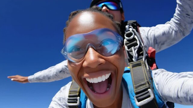 Thrilling tandem skydiving experience with joyful freefall over clear blue sky