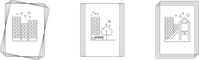 houses and buildings, parks and playgrounds, construction company icons in thin outlines
