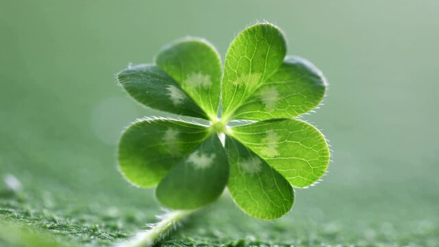 Four leaf clover close up with green leaves and detailed texture on natural background for luck and nature concept.