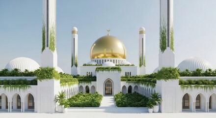 Fototapeta premium A serene mosque with a golden dome and lush greenery, viewed from the front, surrounded by arches and minarets, with clear sky in the background