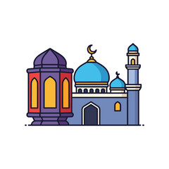 Obraz premium Islamic mosque with crescent moon and minarets at dusk vector illustration flat design