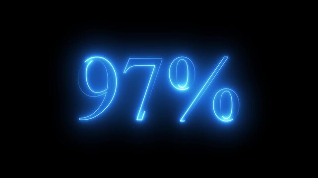 Glowing neon blue digital percentage symbol displaying 97 percent discount on dark black background, futuristic promotional sale concept with vibrant light outline