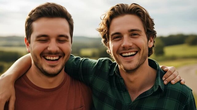 Two happy young Caucasian men in their 20s laughing together outdoors in a rural landscape, male friends or brothers bonding and smiling in the countryside