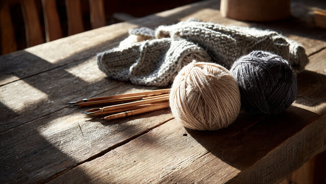 Strickanleitung und Wolle auf Tisch