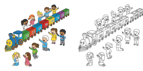 Naklejka premium Educational cartoon train with numbers and happy children, colored and outline version for coloring book, vector illustration for learning math