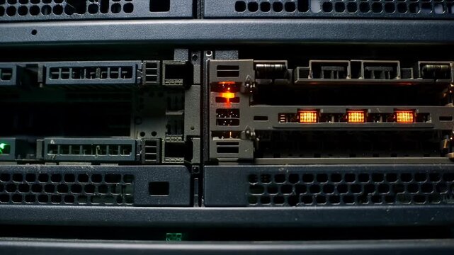 Glowing servers in data center with blinking lights and active network connections