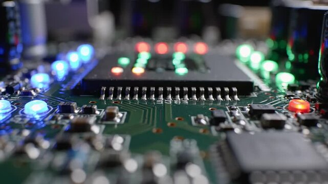 Closeup of circuit board with blinking led lights and microchips in motion