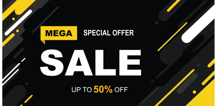 A mega special offer sale advertisement with up to 50 percent off on a black background with yellow and white accents