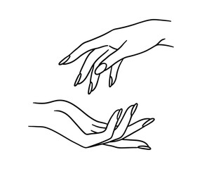 Obraz premium Minimal line art illustration of two human hands reaching toward each other. Elegant continuous contour drawing symbolizing connection, care, touch and support, isolated on light background.