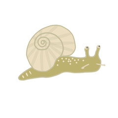 A cute cartoon illustration of a slow snail with a brown spiral shell house, designed as a funny nature icon or art isolated on a white background © rani.brawijaya