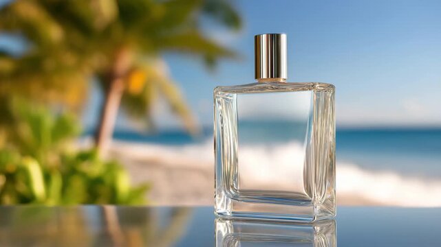 Luxurious perfume bottle displayed against tropical beachside blur enhancing elegance and exotic vibe