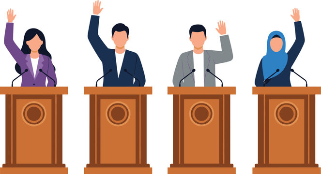 Diverse political candidates raising hands at podiums election debate democracy voting concept flat vector illustration