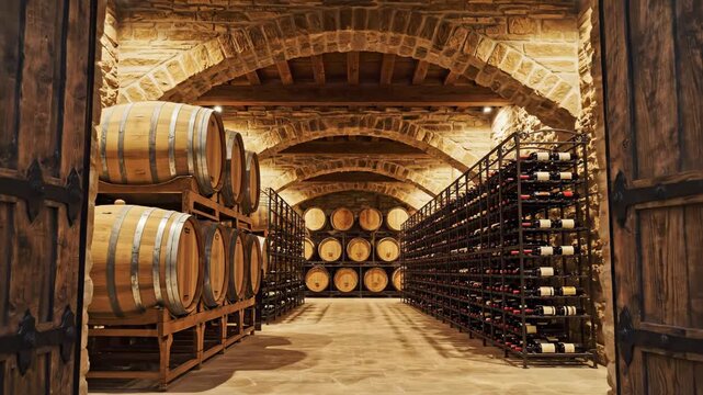 Ancient cellar door opens to reveal expansive barrelfilled wine cellar interior with vintage ambiance