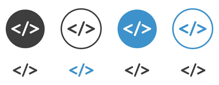 Set of 8 Code Icons Featuring Angled Brackets, Including One Unexpanded Vector and One Silhouette, Representing Programming, Development, Coding Languages, Software