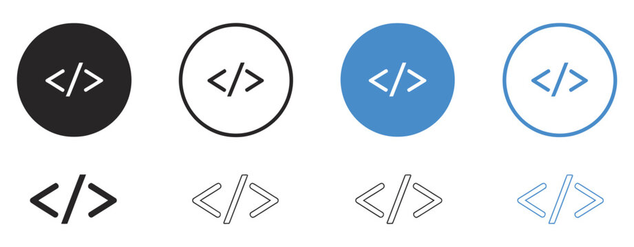 Collection of 8 Code Icons with Simple Angled Bracket Design, Including Unexpanded and Silhouette Versions, Symbolizing Software Development