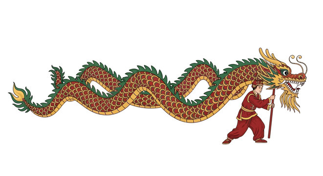 Illustration of a traditional dragon dance performance with a performer in red holding a staff, accompanied by a long red and gold dragon with green accents on a white background.