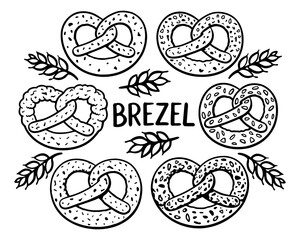 Hand drawn pretzel vector set with wheat elements. Black and white doodle bakery illustration for packaging, menus and food design.