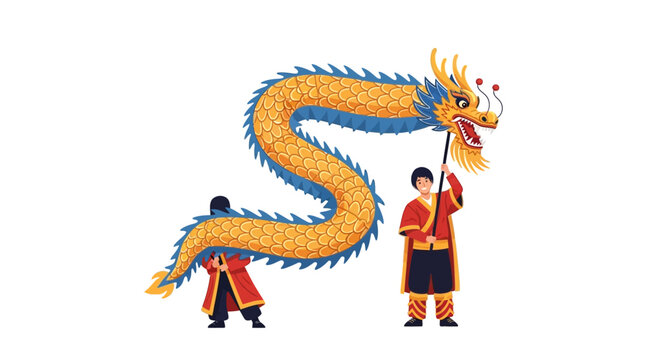 Vector illustration of a traditional dragon dance performance with a lion and a performer on a white background, showcasing Chinese New Year celebration elements with red and gold ornaments.