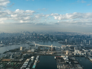 Naklejka premium Aerial View of Odaiba from Airplane After Takeoff from Haneda Airport, Tokyo, Japan, 2025