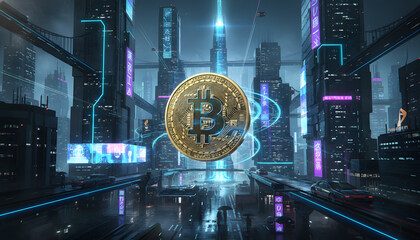 Futuristic Neon City With Floating Bitcoin Coin in a Nighttime Digital Metropolis