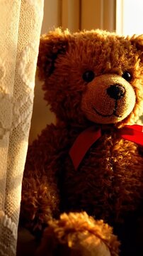Lonely Teddy Bear by a Sunny Window - A fluffy brown teddy bear with a red ribbon sits thoughtfully by a sunlit window, partially hidden by a delicate white lace curtain.