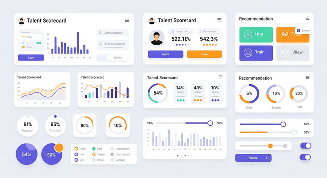 A vector graphic illustration of a talent scorecard dashboard with various charts and graphs