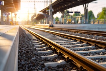 Naklejka premium Tranquil Train Rails Leading to Platform Moments Before Arrival at Sunset