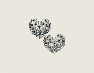 black line illustration shows two hearts decorated with flowers and leaves romantic