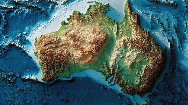 Detailed Australia topographical relief map ocean