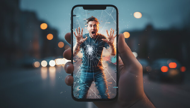 Surprised Man Behind Cracked Smartphone Screen In Night Urban Street Scene