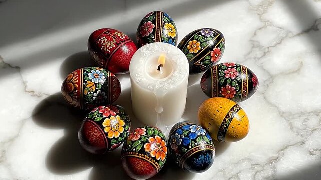 Decorative Easter eggs arranged around a lit candle on marble surface  