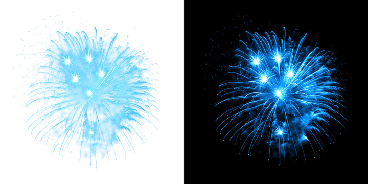 Blue fireworks explosion on transparent and black background, festive celebration abstract background, bright sparks and light trails