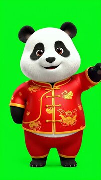 Animated Panda Waving in Traditional Chinese Outfit - A happy and adorable cartoon panda stands upright, wearing a vibrant red traditional Chinese jacket with intricate gold patterns and matching