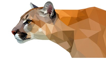 Low-poly illustration of a cougar's profile, showcasing geometric shapes and earthy tones against a white background