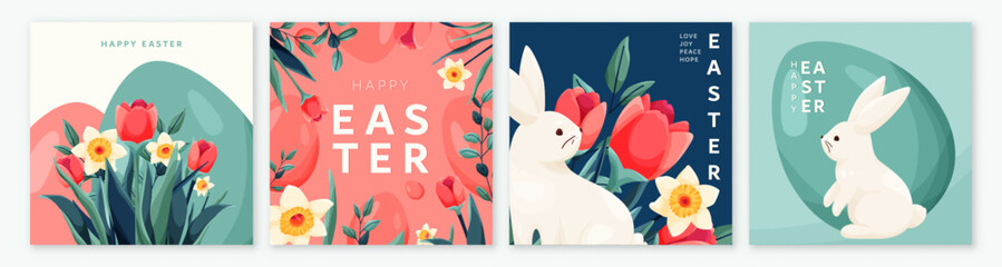 Easter bunny spring flowers posters set vector background. Happy Easter greeting cards with white rabbits, eggs, tulips and narcissus. Modern illustration for holiday celebration, social media decor © zaie