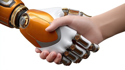 Naklejka premium A human hand connects with a robot arm in a handshake, symbolizing collaboration between people and machines in a tech-driven world