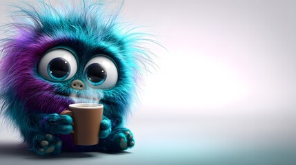 Obraz premium Cute Colorful Monster Holding a Coffee Mug with Adorable Expression