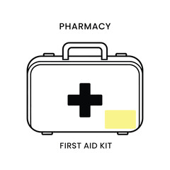 Obraz premium First aid kit in simple flat design with black cross and yellow label on white background for medical or healthcare use
