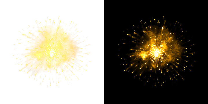 Gold firework explosion with smoke, vibrant pyrotechnic display, festive light show, nighttime event, bright sparks, celebration
