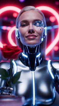 Glowing Cyborg Woman Holding Red Rose - A futuristic cyborg woman with blonde hair and a sleek, glowing sci-fi suit presents a vibrant red rose.