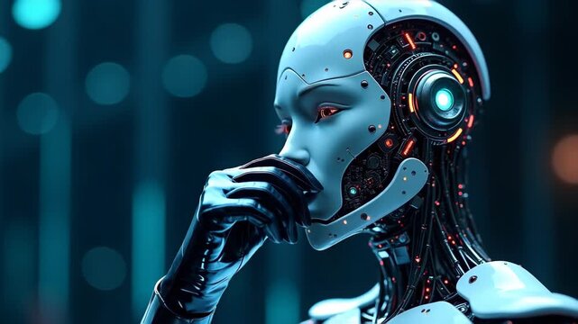 3D render high-tech robot head close-up, glowing circuits, electric blue accents