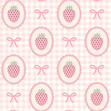 Seamless pattern with pink strawberries in scalloped frames and pink ribbons on a gingham background. Sweet coquette aesthetic design.