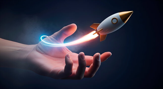 A close-up, colorful illustration of a person launching a rocket from their hands against a dark blue background.