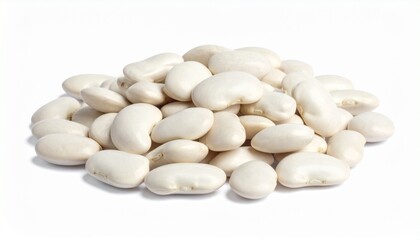 "Pile of oval white beans arranged on plain background with smooth curved surfaces."