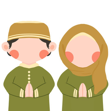 Couple moeslem islamic character for ramdhan and eid mubarak with green outfit 