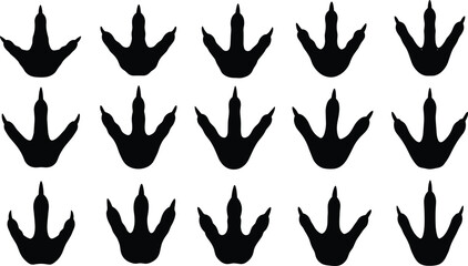Set of dinosaur footprint silhouettes, prehistoric bird track icons, isolated animal paw prints, cad drawing flat vector illustration, fossil trail © MDMOHOBBAT